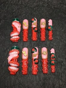 10 Pieces 5.5cm Handmade Coffin Shaped False Nails, Paired With Rhinestones, Lips, Water Droplets, And Butterfly Decorations, Designed For Women And Girls To Wear On Valentine's Day, Parties, Holidays, And Daily Wear. - Multicolor - View 2