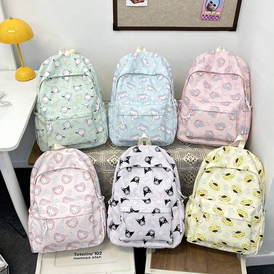 SANRIO 1个三丽鸥Hello Kitty Kuromi Melody可爱印花双肩包，卡哇伊粉彩书包带口袋，轻便日常通勤双肩包 - 送给女孩和三丽鸥粉丝的完美情人节返校礼物