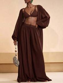 Conjunto de bata y pantalones de pierna ancha de unicolor para mujer, conjunto informal de cubrecuerpo para resort - Marrón - Ver 7