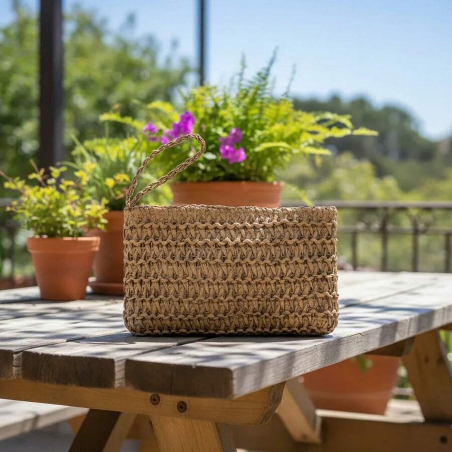 Bolsa Clutch Bolsinha Mão Palha Alça Porta Celular Níquel - Caramelo - Visão 1