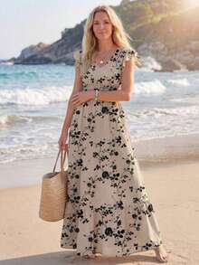 Vestido largo de línea A con pliegues y estampado floral vintage, con mangas cortas y bajo. Vestido elegante y casual para vacaciones, adecuado para primavera y verano. Vestido chic para salir de vacaciones - Multicolor 2 - Ver 3