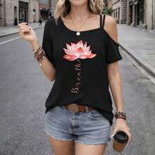 Pink Lotus Flower Yoga Breathe Meditation Yoga Lover Sexy Women's Off-Shoulder T-Shirt Funny Women's T-Shirt, Women's Off-Shoulder T-Shirt Summer - Black - View 1