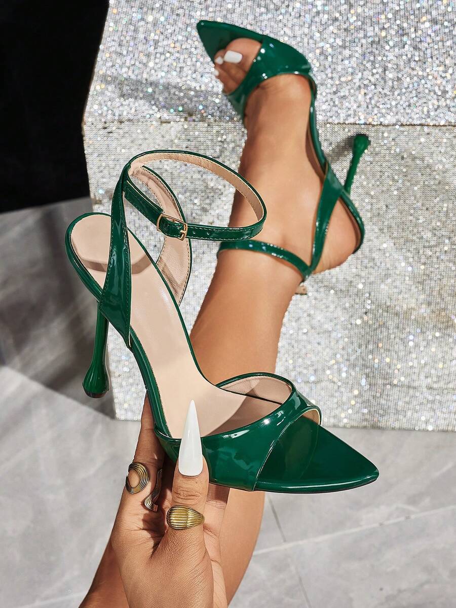 Jin Bei Qi Giày sandal cao gót nữ, thích hợp cho tiệc tùng, hoạt động ngoài trời, thời trang, dự tiệc sang trọng, mũi nhọn, gót bất đối xứng bằng da PU gợi cảm, quai ngang mắt cá chân, khóa cài, chất liệu cao cấp, quai ngang mắt cá chân quyến rũ, màu xanh lá cây thanh lịch, giày cao gót thời trang thường ngày.