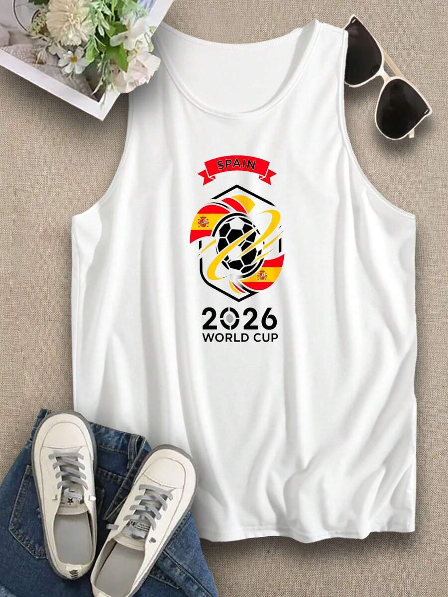 Spain 2026 World Cup Soccer Summer Tops, Summer Clothes, 2026 World Cup Blokecore Women's Casual Tank Top, Vintage Football Jersey Tee & 90s Retro Graphic Tee Style, Cotton Blend Soft Breathable Sleeveless T Shirt, Fan Must-Have - 白色 - 查看 1
