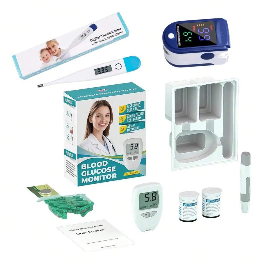 Family Health Kit: Glucometer With 50 Test Strips, Oximeter, And Thermometer - Two-piece set - View 1