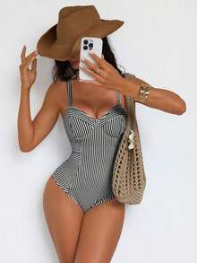Traje de baño de una pieza con control de abdomen, con cordón, espalda descubierta, a rayas azul y blanco, con efecto push-up, para playa, resort y fiesta - Blanco y Negro 2 - Ver 5