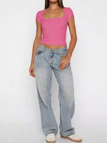 y sexy de punto para mujer Vaiaye, camiseta casual de cuello cuadrado de unicolor, blanco para primavera/verano - Rosa Fucsia - Ver 6