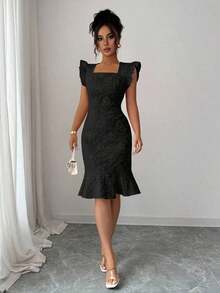 Vestido elegante de jacquard de cuello cuadrado y manga corta para uso diario, verano - Negro - Ver 6