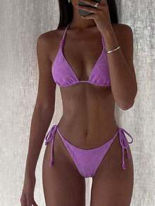 Costavie Swim Mod-D, Conjunto de Bikini Sexy de 2 Piezas con Lentejuelas Coloridas, Tela Especial, Sujetador de Copa Triangular y Braguitas con Lazos Laterales, Primavera/Verano - Morado - Ver 12