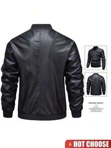 Men's Faux Leather Jacket, Valentine's Day Gift, Men's Bomber Jacket, Motorcycle Style, Retro Men's Leather Jacket, Suitable For Motorcycle Riding, Outdoor Activities, Suitable For Boyfriend, Husband, Professional Leather Jacket Design, Essential Men's Leather Jacket, Valentine's Day Gift, All-Season - 黑色 - 查看 3