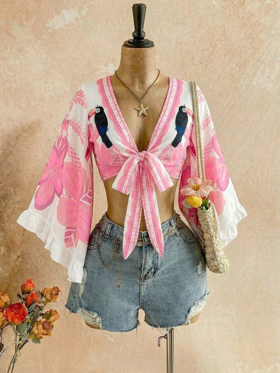 Conjunto de Verano para Mujer, Casual para Vacaciones, Blusa con Estampado de Leopardo, Manga Acampanada y Puño con Volantes, con Lazo Frontal - Rosa - Ver 1