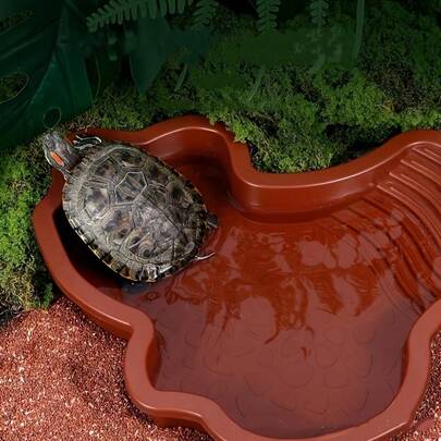 1pc Sloped Extra Large Reptile Bathtub - Ideal For Geckos, Snakes, Turtles And Bearded Dragons - Durable Plastic Aquarium Accessory, Brown Leaf Design, Reptile Tank Accessory, Turtle Bath Tub, Suitable For Reptiles And Amphibians, Perfect For Feeding And Drinking