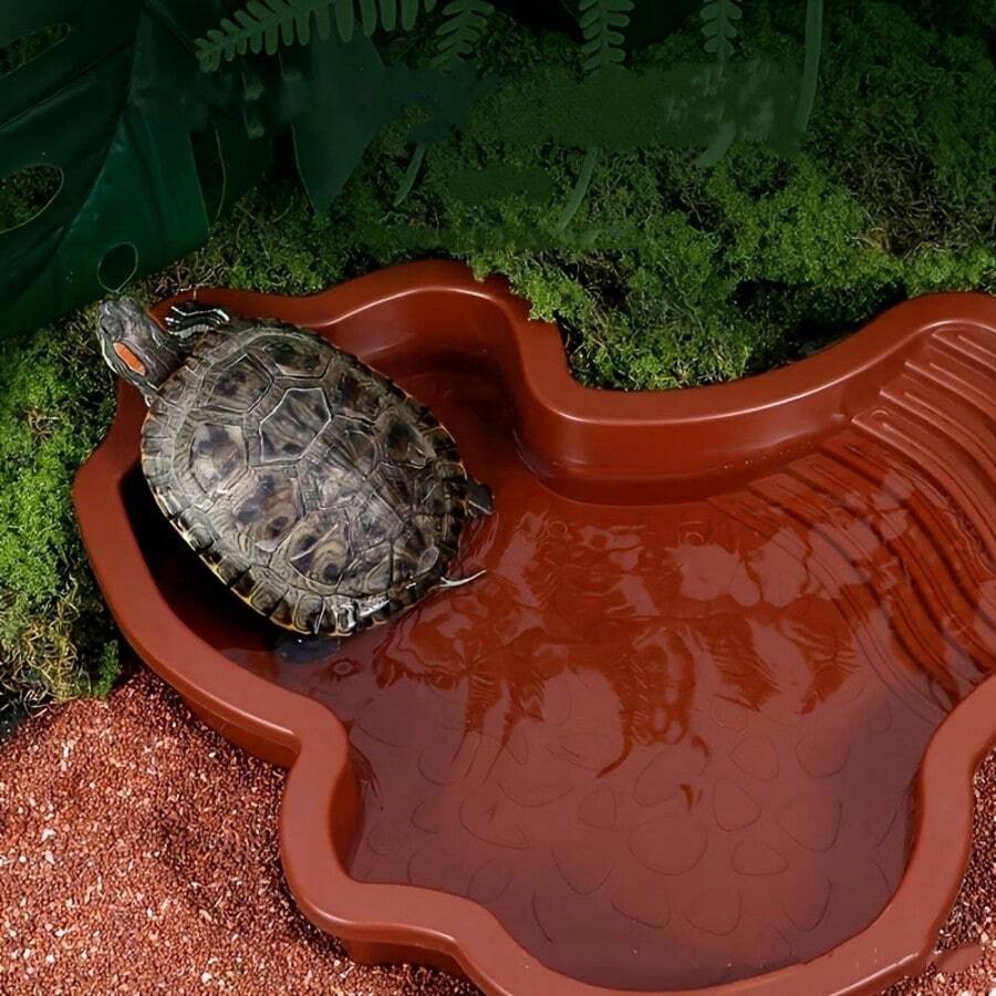 1pc Sloped Extra Large Reptile Bathtub - Ideal For Geckos, Snakes, Turtles And Bearded Dragons - Durable Plastic Aquarium Accessory, Brown Leaf Design, Reptile Tank Accessory, Turtle Bath Tub, Suitable For Reptiles And Amphibians, Perfect For Feeding And Drinking - Multicolor - View 1