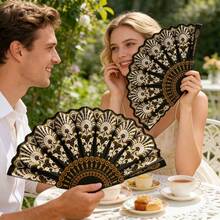 2 piezas Abanicos plegables vintage negro y dorado, estilo palaciego europeo, accesorios de fotografía para bodas y baile, abanicos decorativos portátiles del mismo estilo, adecuados para bodas, recuerdos, baile, fotografía, fiestas, cosplay, enfriamiento en verano, festivales - Multicolor - Ver 10