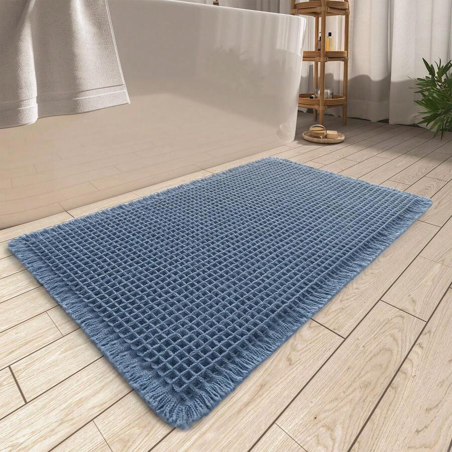 Waffle Bath Mat, Absorbent Non Slip Bathroom Rug With Tassels, Rubber Backed Floor Mat, Machine Washable Decorative Mat For Bathroom, 17" X 24", Brown - 藍色的 - 查看 1