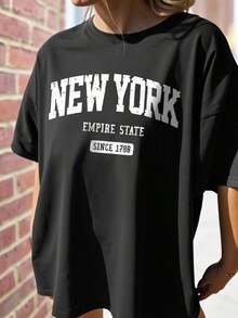 Camiseta Casual de Talla Grande para Mujer con Estampado de Letras de Los Ángeles, Manga Corta, Cuello Redondo, Corte Holgado, Camiseta de Nueva York - Negro - Ver 3