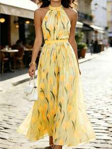 Vestido de mujer con estampado digital, cuello halter y cintura ajustada, adecuado para vacaciones en la playa y viajes - Amarillo - Ver 3