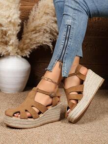 New Women's Wedge Thick Bottom Sandals, Fashion Versatile Hollow Wedge Sandals, Suede Woven Thick Bottom Strap Open Toe Casual Shoes - Brown - View 6