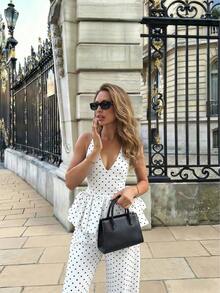 Conjunto de 2 piezas de mujer de camiseta sin mangas azul marino con lunares y pantalones cortos de pierna ancha, elegante y casual, adecuado para fiestas y vacaciones de verano - Blanco - Ver 2