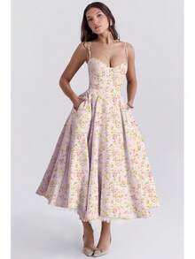 Sweetheart Neck Satin Midi Dress, Spaghetti Strap Flared Prom Dress With Pockets For Wedding & Formal Events - Pink Floral Print - View 5