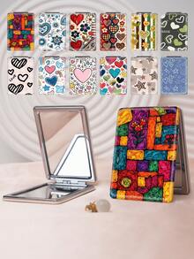 1pc Y2K Graffiti Series Portable Vanity Mirror, Foldable Lightweight Ultra-Thin Convenient Hand Mirror, Durable PU Leather, Suitable For All Scenarios And People, Foldable Rectangular Small Mirror For Carrying - Multicolor - View 1