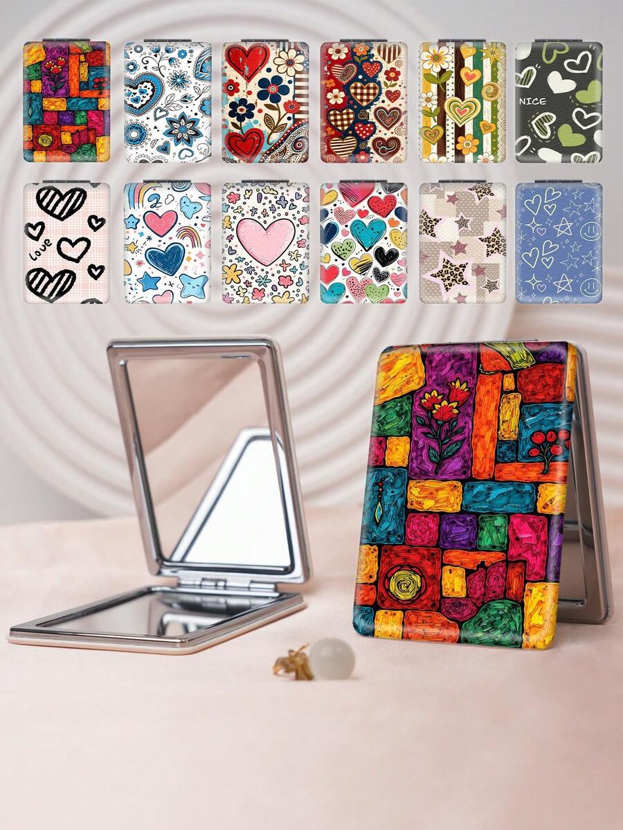 1pc Y2K Graffiti Series Portable Vanity Mirror, Foldable Lightweight Ultra-Thin Convenient Hand Mirror, Durable PU Leather, Suitable For All Scenarios And People, Foldable Rectangular Small Mirror For Carrying - Multicolor - View 1