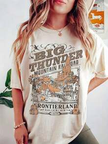 1 pieza Camiseta Casual BIG THUNDER con Estampado de Ferrocarril de Montaña - Cuello Redondo y Manga Corta para Primavera y Verano - Ropa de Mujer 210g 100% Algodón, los diseños están completamente impresos. Unisexo. - Blanco - Ver 5