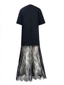 Vestido casual de mujer con parches de encaje de manga corta (sin cinturón), vestido de punto de unicolor con parches de encaje para uso diario, oficina, citas, la longitud y el tamaño se pueden ajustar con un cinturón, el estilo casual es holgado, se sugiere pedir una talla menos.Elegante - Negro - Ver 7