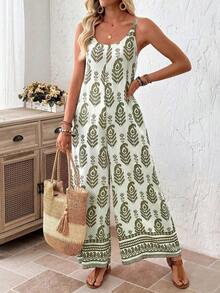 Mono Casual de Pierna Ancha con Bolsillos en Color Sólido para Mujer - Verde 2 - Ver 12