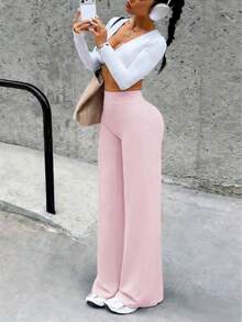 Minimalist High-Waisted Women's Athletic Leggings With Wide Legs, Perfect For Fitness And Running. Comfortable, Casual Leggings With Great Elasticity And A Flared Leg, Ideal For Yoga And Everyday Wear. - 羅莎 - 查看 7