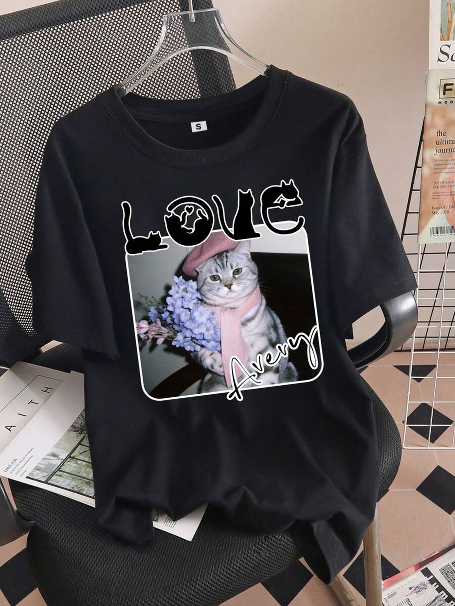 Camisetas Personalizadas para Parejas con Nombres/Textos Personalizados, Regalos Ideales para Parejas, con Lindos Diseños de Gatos, Aptas para Cualquier Temporada y Hechas para la Comodidad - Negro - Ver 1
