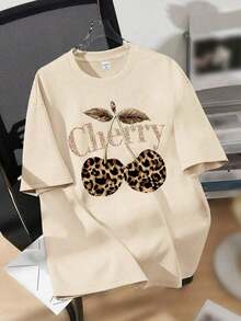 Camiseta extra grande de mujer con estampado de leopardo y cerezas, de corte holgado y casual de manga corta, apropiada para el veranoPure-Cotton - Albaricoque - Ver 1