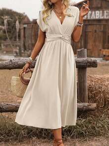 Vestido midi de manga abullonada con escote cruzado, cintura fruncida y espalda retorcida en estilo bohemio occidental casual para primavera/verano de mujer - Albaricoque - Ver 3