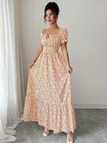 vestido de mujer con estampado digital, mangas abullonadas, nudo delantero, espalda descubierta y cintura ceñida.Elegante y chic para vacaciones, citas, estilizador y adelgazante - Naranja - Ver 5