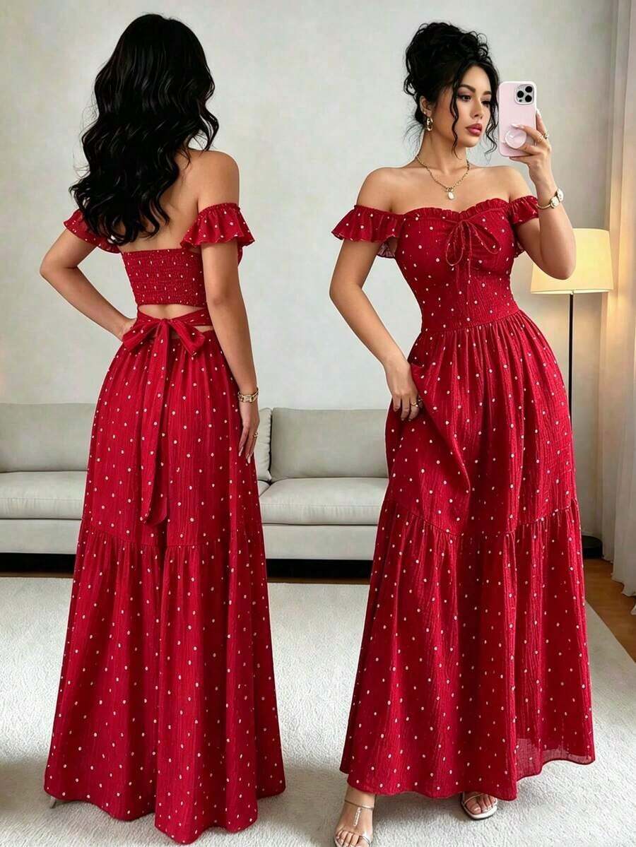 MSRafferiza Vestido de mujer elegante con estampado de lunares y cintura fruncida con lazoMS2-15 4EI6 - Rojo fuego - Ver 1