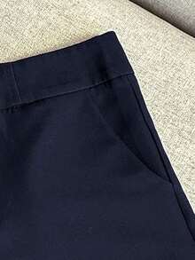 Pantalones cortos casuales de mujer de unicolor simple con bolsillo - Azul marino - Ver 3