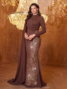 Đầm dạ hội nữ SUPGIR cổ tròn, tay bồng, phối sequin, chất liệu vải lanh, ôm sát. - Cà phê nâu - Xem 4