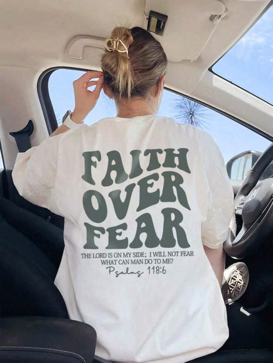 NewSummerCasual Short-Sleeve Crew Neck T-Shirt With "Belief Overcomes Fear" Print, Casual Resort Style, Everyday Essential. Women's Graphic Tee, White Blouse - 白色的 - 查看 1