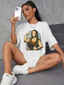 Envío gratis, entrega local enéxico, entrega en 4 días. Camiseta de manga corta con cuello redondo y hombros caídos con estampado de retrato de dibujos animados para mujer . - Blanco - Ver 2
