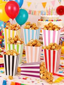 12pcs/24pcs/48pcs Striped Popcorn Boxes - Carnival Party Mini Paper Popcorn And Candy Containers, Movie Night Party Supplies (Blue) Pink, Green, Red - Blue and White Vertical Stripes - View 6