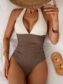 Traje de baño de una pieza con control de abdomen, estilo minimalista de unicolor, con escote halter y espalda descubierta, para vacaciones de verano en la playa - Marrón 2 - Ver 5