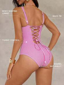 Traje de baño de una pieza con control de abdomen, con cordón, espalda descubierta, a rayas azul y blanco, con efecto push-up, para playa, resort y fiesta - Rosa - Ver 2