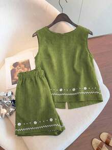 Conjunto casual de vacaciones para mujer, blusa con cuello redondo y estampado teñido anudado en la espalda, combinada con shorts estampados, para /verano - Verde - Ver 2