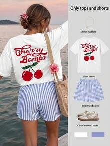 Women's Casual Cherry Print Short Sleeve Top And Shorts 2-Piece Set, Leopard Print, Polka Dot, Plaid, Elegant, Sporty, Preppy Style White Summer - White - View 1