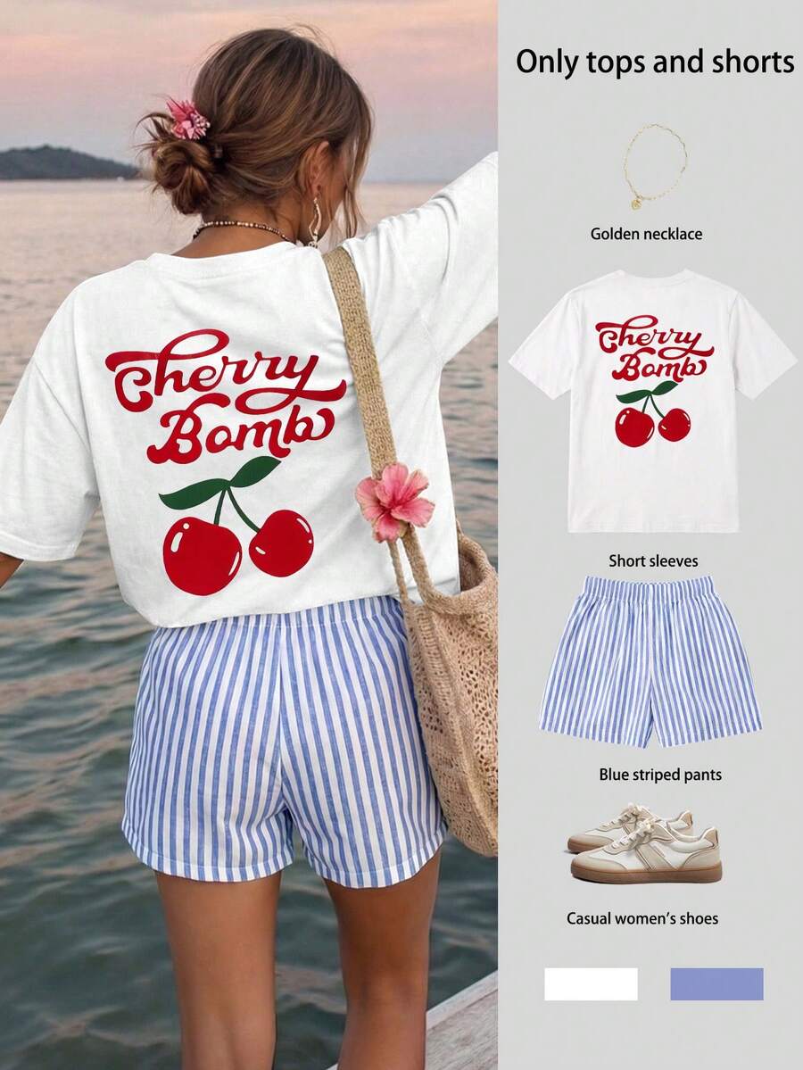 Women's Casual Cherry Print Short Sleeve Top And Shorts 2-Piece Set, Leopard Print, Polka Dot, Plaid, Elegant, Sporty, Preppy Style White Summer - White - View 1