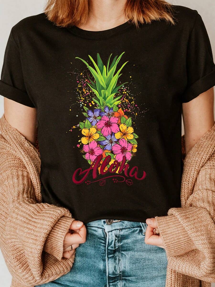 Camiseta de Mujer con Estampado de Piña y Hibisco Hawaiano - Blusa de Manga Corta con Cuello Redondo y Diseño de Flor de Hibisco y Piña, Blusa Semitransparente para Ropa de Playa, Conjuntos de Verano y Primavera, Ropa de Estilo Hawaiano Lavable a Máquina - Negro - Ver 1