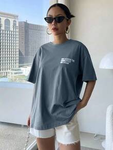 Free Shipping, Local Delivery In Mexico, Delivery In 4 Days. Oversized T-Shirt With Letter Print And Message CHERISH EFFECT DREAM. - Blue - View 3