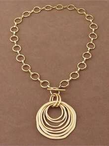 1 Piece Silver/Matte Gold Color Large Open Hollow Multi-Layer Asymmetrical Round Circle Pendant Chunky Chain Statement Necklace Suitable For Women's Daily Wear 18"+2" Extend Chain - Bạc và Vàng - Xem 8