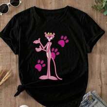 Playera para mujer estilo urbano creativo estampado Pantera Rosa huellas tela suave color sólido holgada cuello redondo manga corta primavera verano uso diario camiseta - Negro - Ver 2