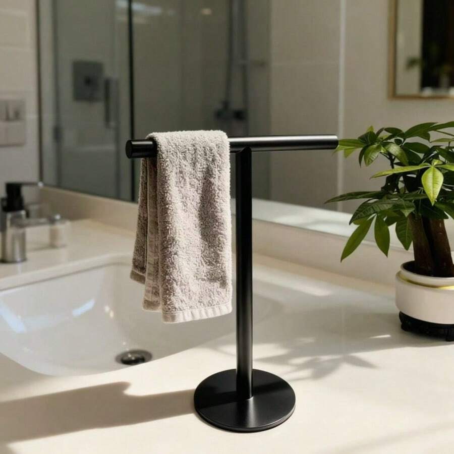1pc T-Shaped Towel Bar, Freestanding Towel Rack With Heavy Duty Base, Suitable For Bathroom, Kitchen And Countertop, Modern Towel Holder, Durable Structure, Bathroom Towel Rack - T-shaped Towel Rack, Matte Black. - View 1